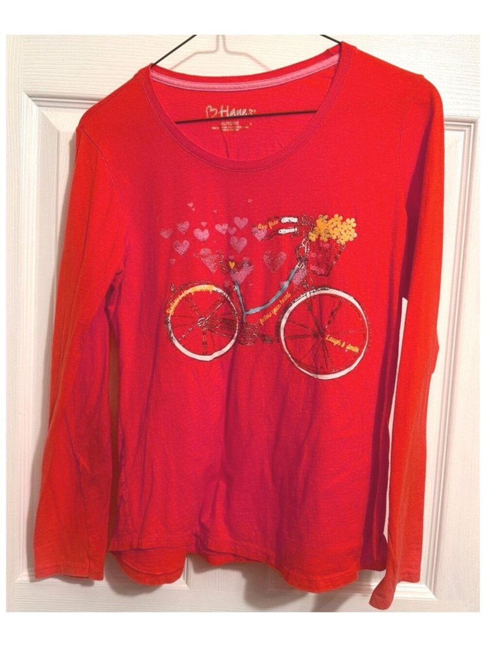Hanes Girl's Bicycle Design Long Sleeve T-Shirt Orange 100% Cotton Sz XL (14/16)